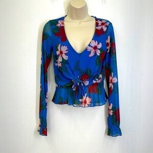 Guess - Colorful Floral Long Sleeve V Neck Lined And See Thru Blouse Size Small